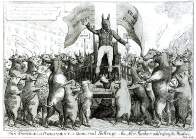 Het Smithfield Parlement: Algemeen kiesrecht, gepubliceerd door Thomas Tegg, juli 1819 door George Cruikshank
